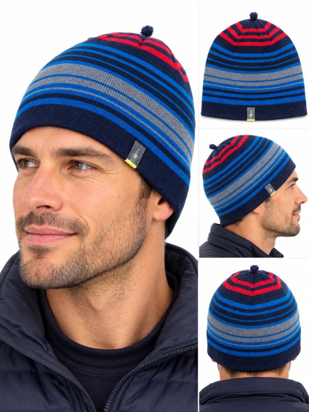 Smartwool Straightline Beanie Hat Merino Wool Striped Blue Red Gray Canada